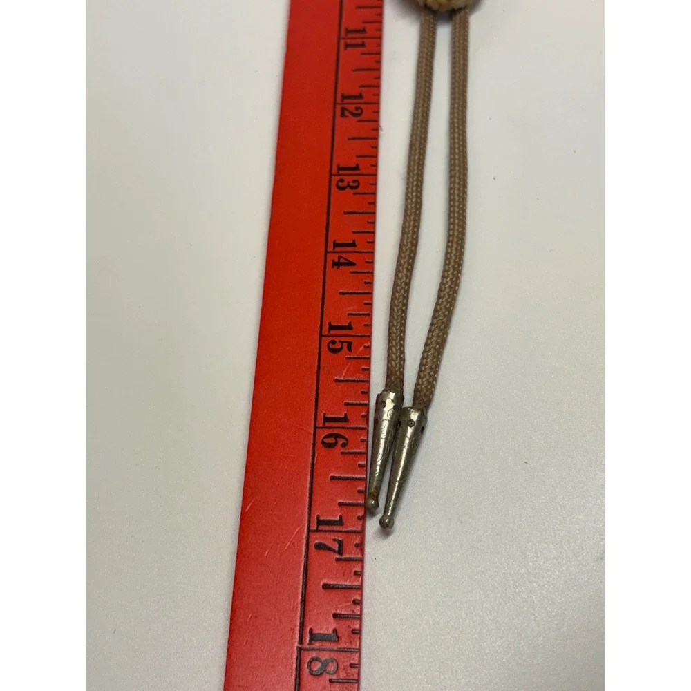 Vintage Antler Bolo Tie Tan Braided Cord Red Rhinestone Silver Tips